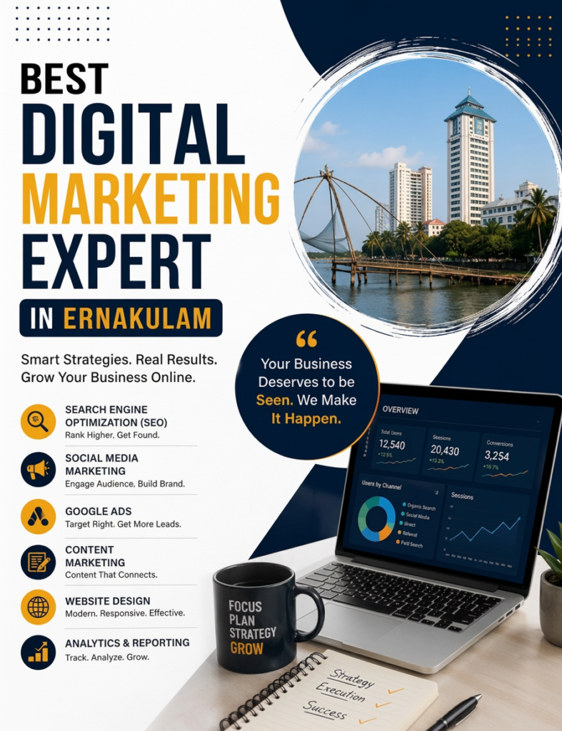 Best Digital Marketing Expert in Ernakulam promotional banner featuring Chinese fishing nets and modern city skyline in Kochi.